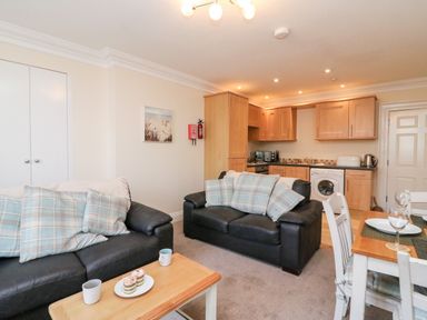 A living room with two black sofas and checkered cushions next to a kitchen with wooden cabinets and a dining table at Harbour Watch Apartment 1 Brewers Quay Harbour