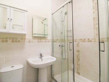 A bathroom with a toilet sink mirror cabinet and glass enclosed shower at Harbour Watch Apartment 6 in Brewers Quay Harbour