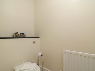 A bathroom corner with a toilet, toilet paper on a holder, a radiator, and a small container with decorative items on a ledge