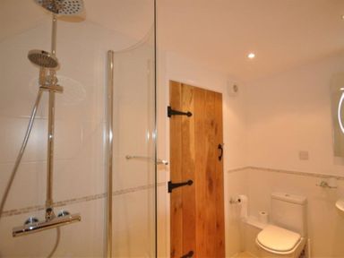 A bathroom with a shower area a wooden door a toilet and a toilet paper holder at Leys At Valley View Farm in Uplyme