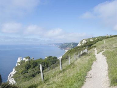 A coastal cliffside path with a fence alongside overlooking the sea and distant cliffs at Leys At Valley View Farm in Uplyme