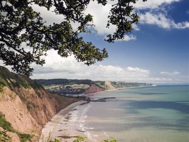 A coastal landscape with cliffs beach and ocean under a partly cloudy sky at Leys At Valley View Farm in Uplyme