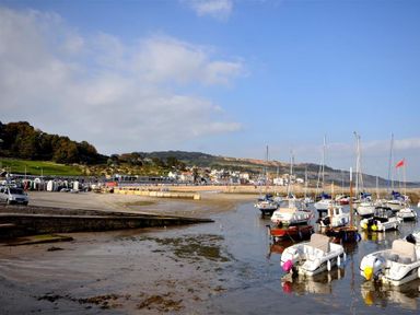 A harbor with boats docked in water near a shore with buildings and hills in the background at Leys At Valley View Farm in Uplyme