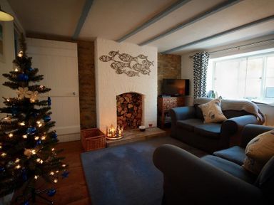 A living room with a Christmas tree a fireplace two sofas and a television at Lilac Cottage in Burton Bradstock