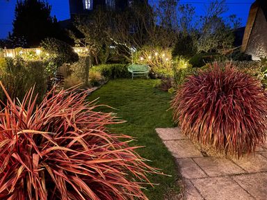 A garden at night with grass, bushes, string lights, a bench, and stone paving at Lilac Cottage in Burton Bradstock