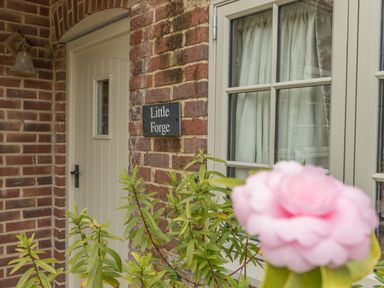 An exterior view of a brick house with a cream door and window a black sign reading Little Forge and a pink flower in foreground at Little Forge in West Lulworth