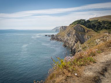A coastal cliffside overlooking the sea with rocky formations and vegetation at Little Forge in West Lulworth