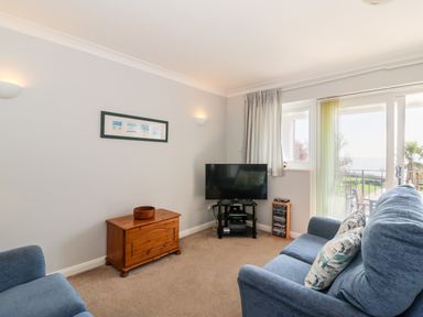 A living room with a blue sofa, a wooden chest, a television on a black stand, and sliding glass doors opening to a balcony at Lookout in Cove Castle