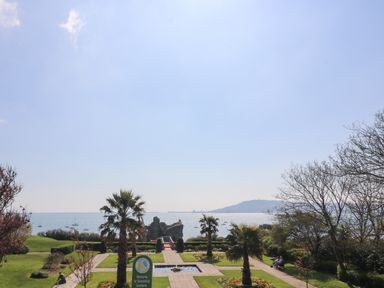 A garden with palm trees pathways and a pond overlooking the sea and distant hills at Lookout in Cove Castle