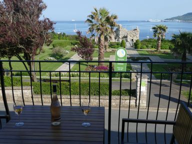 A balcony with a table and wine glasses overlooking a garden with palm trees and a stone ruin by the sea at Lookout in Cove Castle
