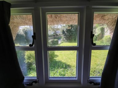A window looking out to a garden with grass bushes and trees at Lychgate Cottage in Osmington