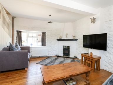 A living room with a gray sofa wooden coffee tables a wall-mounted tv a fireplace and a window with gray curtains at Magnolia Cottage Osmington