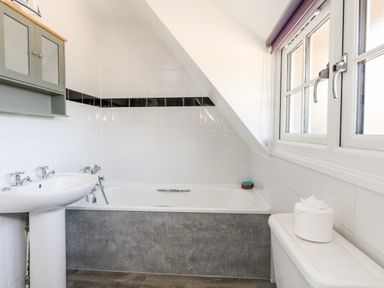 A bathroom with a bathtub a pedestal sink a mirrored cabinet a window and a toilet with toilet paper at Magnolia Cottage Osmington