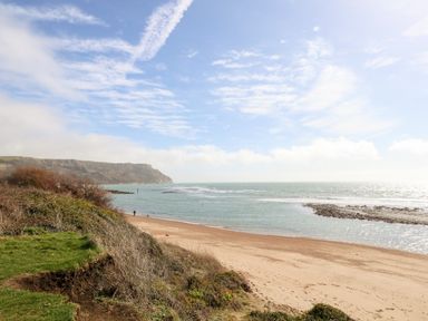 A sandy beach with grass and bushes in the foreground and cliffs in the distance at Magnolia Cottage Osmington