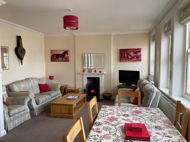 A living room with a sofa and television at Mutiny House in Brewers Quay Harbour