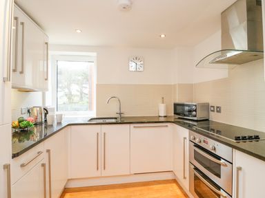 A kitchen with white cabinets black countertops a window a sink a microwave an oven and a stovetop at Newton's Cove View in Weymouth