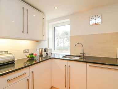 A kitchen with white cabinets a black countertop a sink a window a clock and kitchen appliances at Newton's Cove View in Weymouth