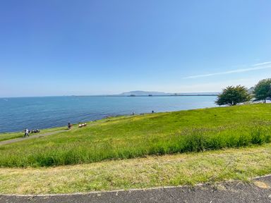 A grassy slope leading to a coastal path with people walking and sitting near the sea at Newton's Cove View in Weymouth
