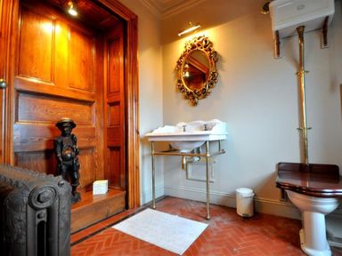 A bathroom with a wooden door sculpture sink with brass legs ornate mirror toilet with high tank and brick floor at The Old Portland Courthouse in Portland