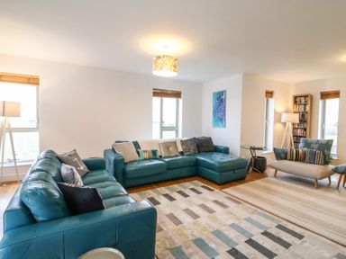 A living room with teal leather sofas a patterned rug two floor lamps and a bookshelf at Osprey House Portland