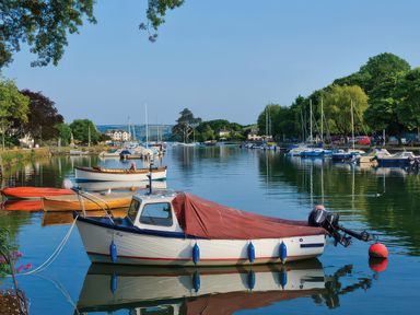 A boat on the water with trees and buildings in the background at Estuary View in Kingsbridge