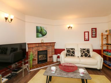 A living room with a white sofa and black flower cushions a red brick fireplace and a TV at Poppies Brewers Quay Harbour
