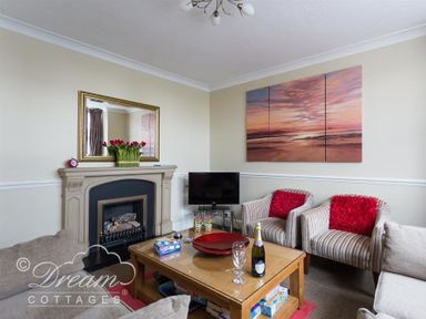 A living room with a fireplace a mirror and flowers two armchairs with red cushions a television and a wooden coffee table with glasses and a bottle at Redcliff View Lodge in Weymouth