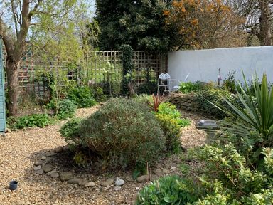 A garden with gravel paths bushes and a white chair with table near a white wall at River Cottage in Burton Bradstock