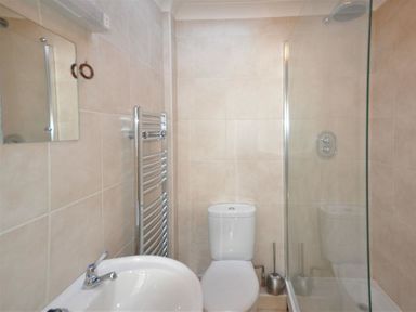 A bathroom with a toilet a sink a mirror a heated towel rail and a shower enclosure at Sanjernin in Swanage