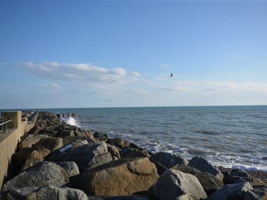 A rocky breakwater along the sea with waves and birds flying above at Seacliff in West Bay