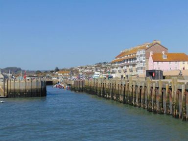 A harbor with wooden piers and boats along the water with buildings and houses in the background at Seacliff in West Bay