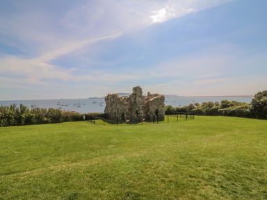 A grassy area with ruins near the sea with boats in the water at Cove Castle