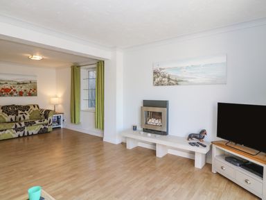 A living room with a floral sofa a fireplace a television on a stand and green curtains at Sea Pebbles in Weymouth
