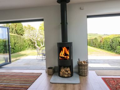 A wood burning stove with fire inside and logs stored underneath and next to it in a room with open doors showing a garden at Shipton Hill View in Shipton Gorge