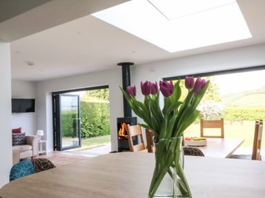 A dining area with purple flowers in a glass vase on a table and a fireplace near open patio doors at Shipton Hill View in Shipton Gorge