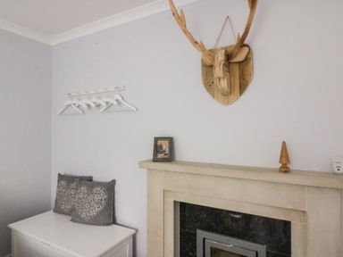 A room with a fireplace, a wooden deer head wall decoration, a white chest with two cushions, and white hangers on a wall hook at Shipton Hill View in Shipton Gorge