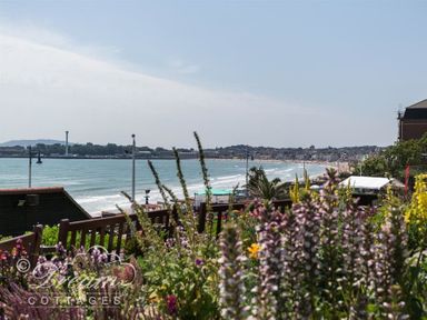 A coastal view with flowers and a bench overlooking the sea at Sunny Days in Weymouth