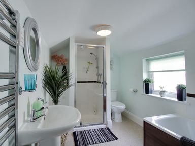 A bathroom with sink a shower toilet bathtub and plants by the window at Sunny Days in Weymouth