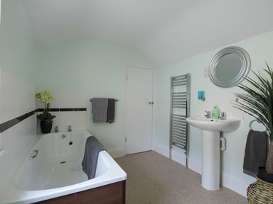 A bathroom with a bathtub towel rail sink mirror and plant at Sunny Days in Weymouth