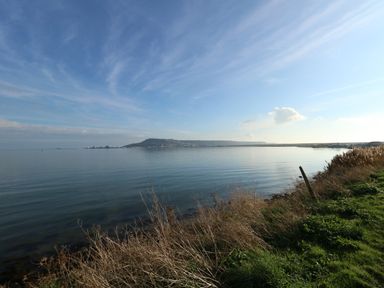 A view of water with grassy and bushy shoreline and hills in the distance at Waters Edge in Wyke Regis