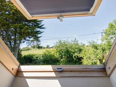 A view of trees bushes and a grassy hill seen through an open skylight window at Waterson in Osmington