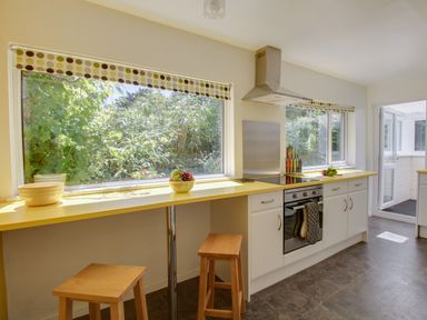 A kitchen with yellow countertops, stools, stove, and windows showing greenery at Waterson in Osmington