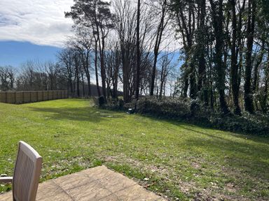 A backyard with grass trees and a wooden chair at Woodlands Cottage in Ringstead