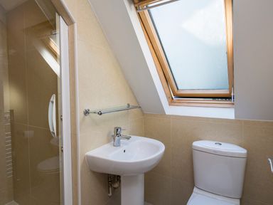 A bathroom with a sink, toilet, shower enclosure, and a frosted skylight window at 16 Courtenay Street in Salcombe