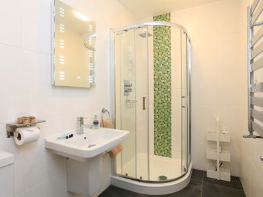 A bathroom with a corner shower enclosure with green tile accents a sink with a mirror above and a towel rail at 1 At The Beach Torcross