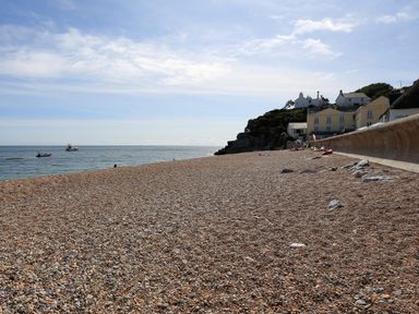 A pebble beach with boats in the sea and buildings on a cliff at 1 At The Beach in Torcross