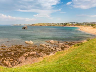 A coastal view with rocky shore green grass beach and a small town in the background at 2 Ocean's Edge in Thurlestone