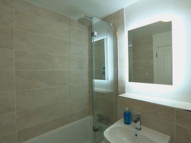 A bathroom with a tiled shower area with glass door a sink with a faucet and a mirror with built in lighting at 2 Poundstone Court Salcombe