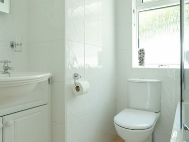 A bathroom with a toilet sink and window with a glass container of stones at 2 Rockmount in Salcombe