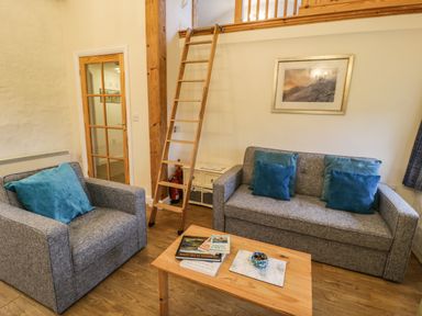 A living room with a gray armchair and sofa with blue cushions a wooden coffee table a ladder leading to a loft and a framed picture on the wall at Y Bwthyn in Elidir Fach Mountain near Llanberis